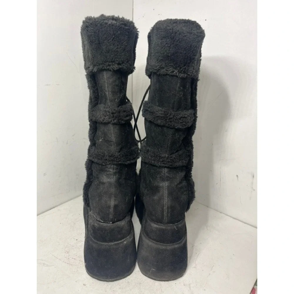 Demonia Bear-202 Black Faux Suede Fur Trim Platform Wedge Boots Womens 10